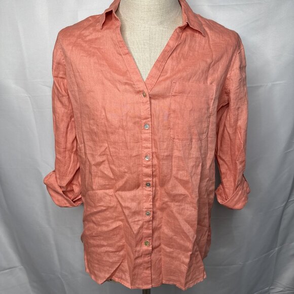 Sigrid Olsen Linen Button Down Tunic Top M Roll Tab Long Sleeves Pocket Orange - Picture 1 of 8